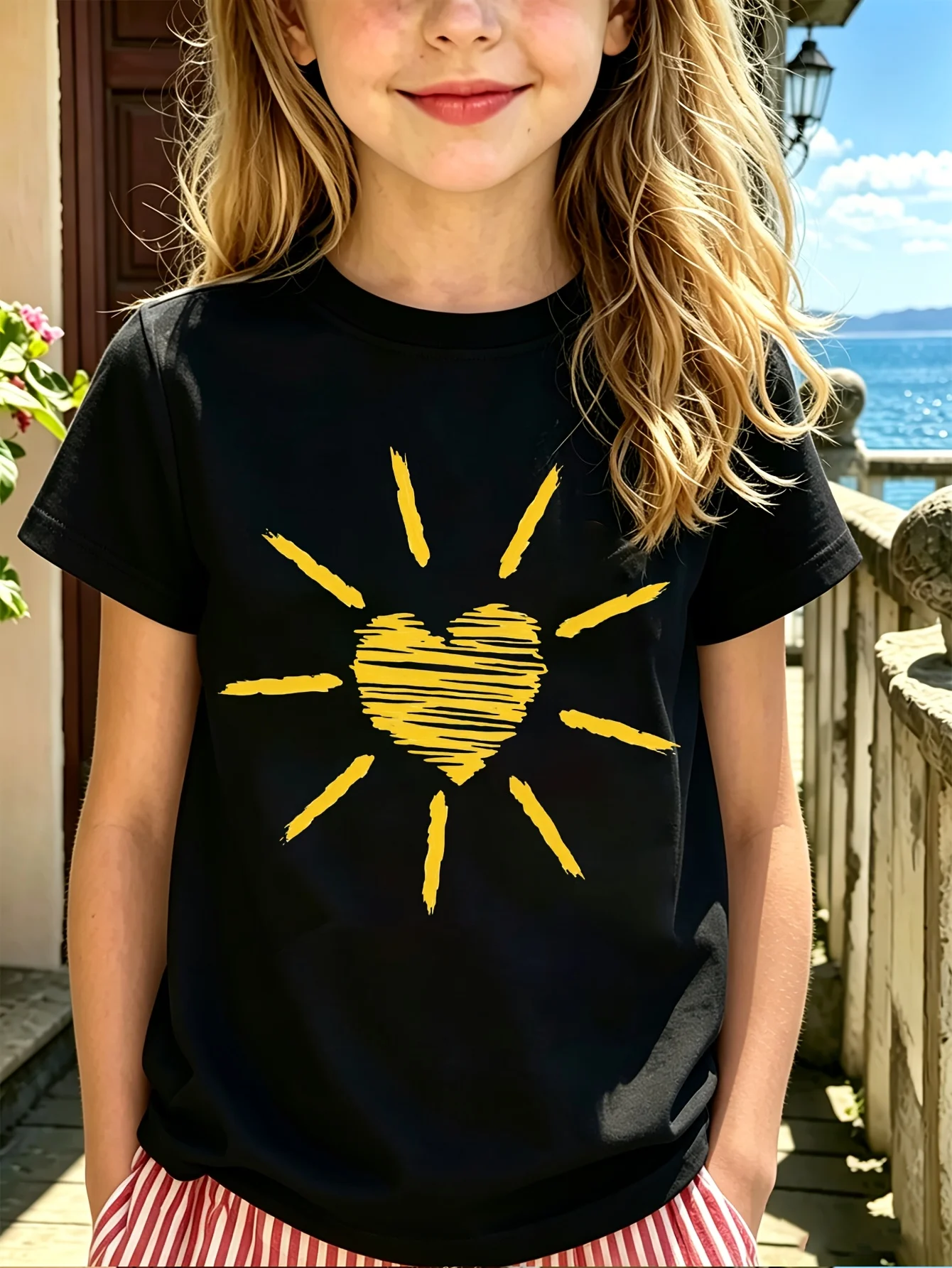Family Matching T Shirt Hand Drawn Yellow Heart Sun Graphic Print Short Sleeve Cotton Tee For Boys Girls Kids Daily Wear