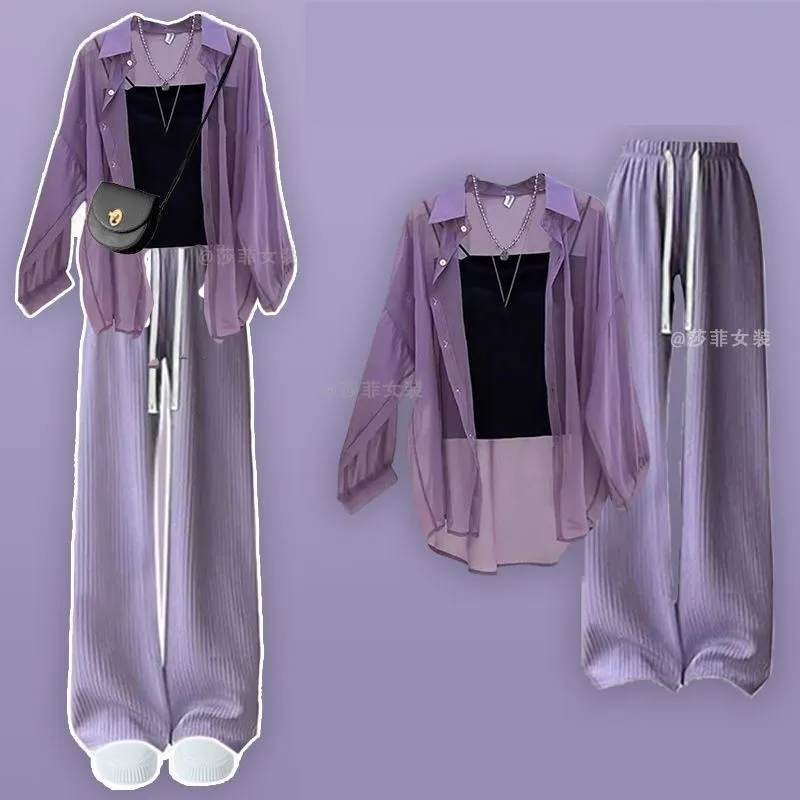 2024 Summer New Korean Casual Tracksuit Matching Set Women\'s Loose Chiffon Sunscreen Shirt+suspender+wide Leg Pants 3 Piece Suit