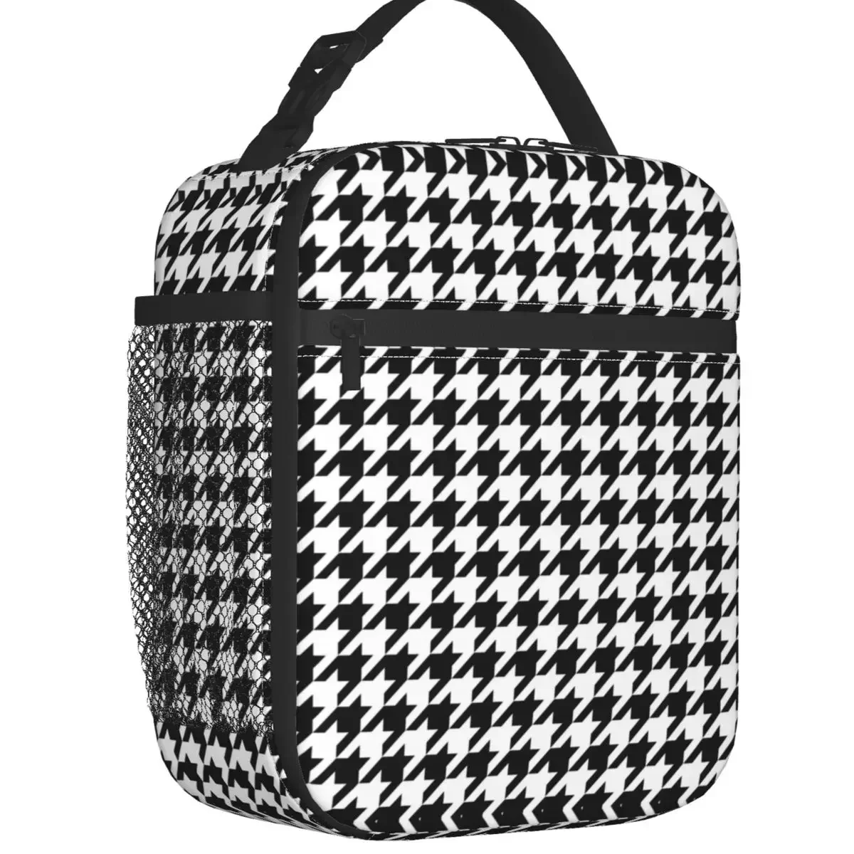 Modern Black White Houndstooth Insulated Lunch Bags for Outdoor Picnic Geometric Resuable Thermal Cooler Lunch Box Women Kids