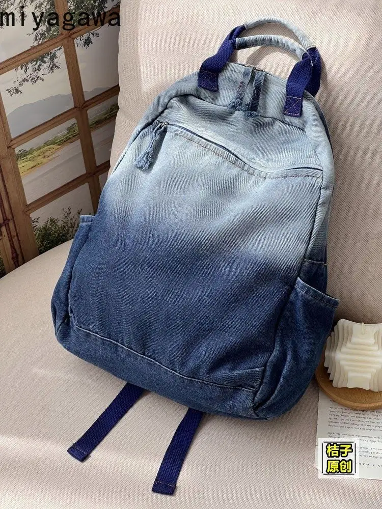 Miyagawa New Niche Korean Version Gradient Washed Denim Backpack Versatile Casual Portable Student Backpacks