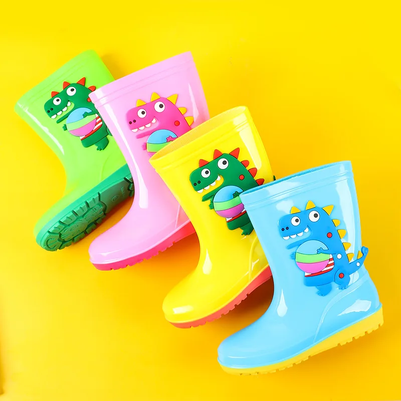 Four Seasons Kids Dinosaur Cartoon Padded Rain Boots Children Waterproof Non-Slip Mid-Calf Rubber Shoes Boy Girl Warm Water Boot