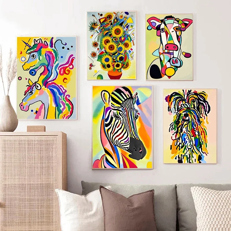 Abstract Giraffe Cat Owl Sunflowers Art Posters Colorful Geometry Canvas Painting Wall Art for Living Room Home Decor Cuadros