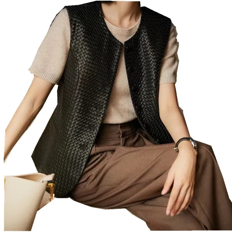 Leren Vest Dames Lente En Herfst Dames Casual Mouwele Schapenvacht Vest Vest Alle Hand Geprepareerd Klein Vierkant Geruit Vest