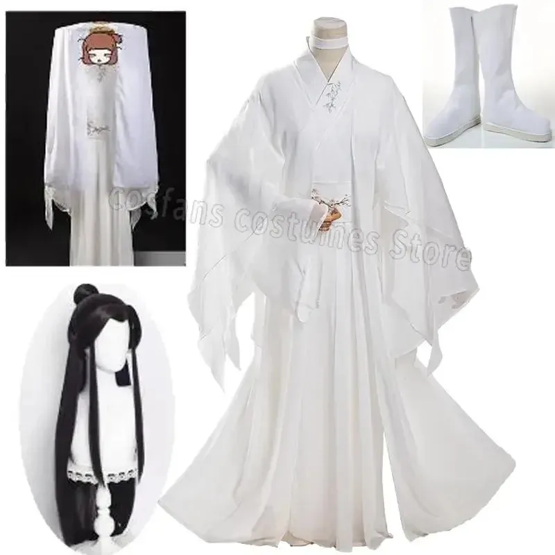qq 123Anime Xie Lian Kostum Tian Guan Ci Fu Cosplay Xielian wig Topi Bambu Prop Pakaian Anime Han Fu Putih