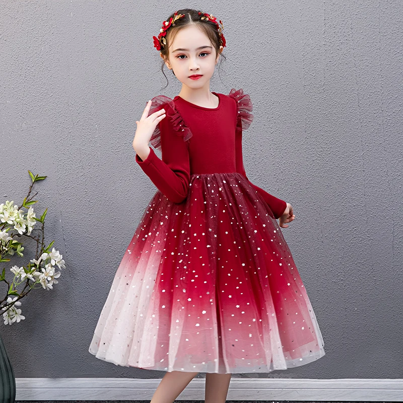 Red Chrismtas Dress for Girls Birthday Party Elegant Dress Long Sleeve Autumn Winter Children Casual Clothes Kids Xmas Dress