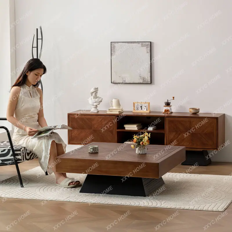 All solid wood walnut color TV cabinet coffee table simple furniture log oak combination video cabinet