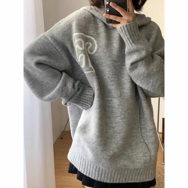 Gray Letter Graphic Hoodie Sweater Women Y2K Autumn Loose Korean Warm Knit Sweatshirt Bf Streetwear Oversize All Match Pullover