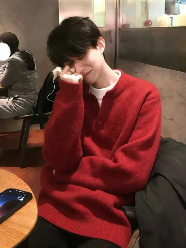 

Новогодний красный утепленный свитер с V-образным вырезом, повседневный комплект из двух предметов, мужской вязаный топ, молодежный, в стиле кэжуал, для прогулок