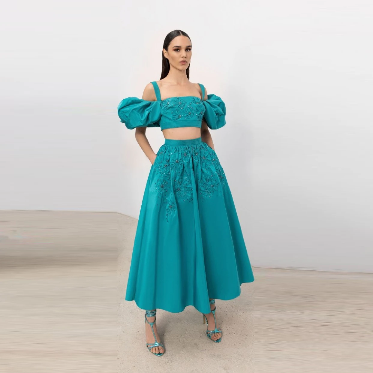 2 Pieces Teal Blue Formal Dresses with Pockets Long Women Dress Beaded Robe De Soiree Applique Party Gowns Draped Ankle Length