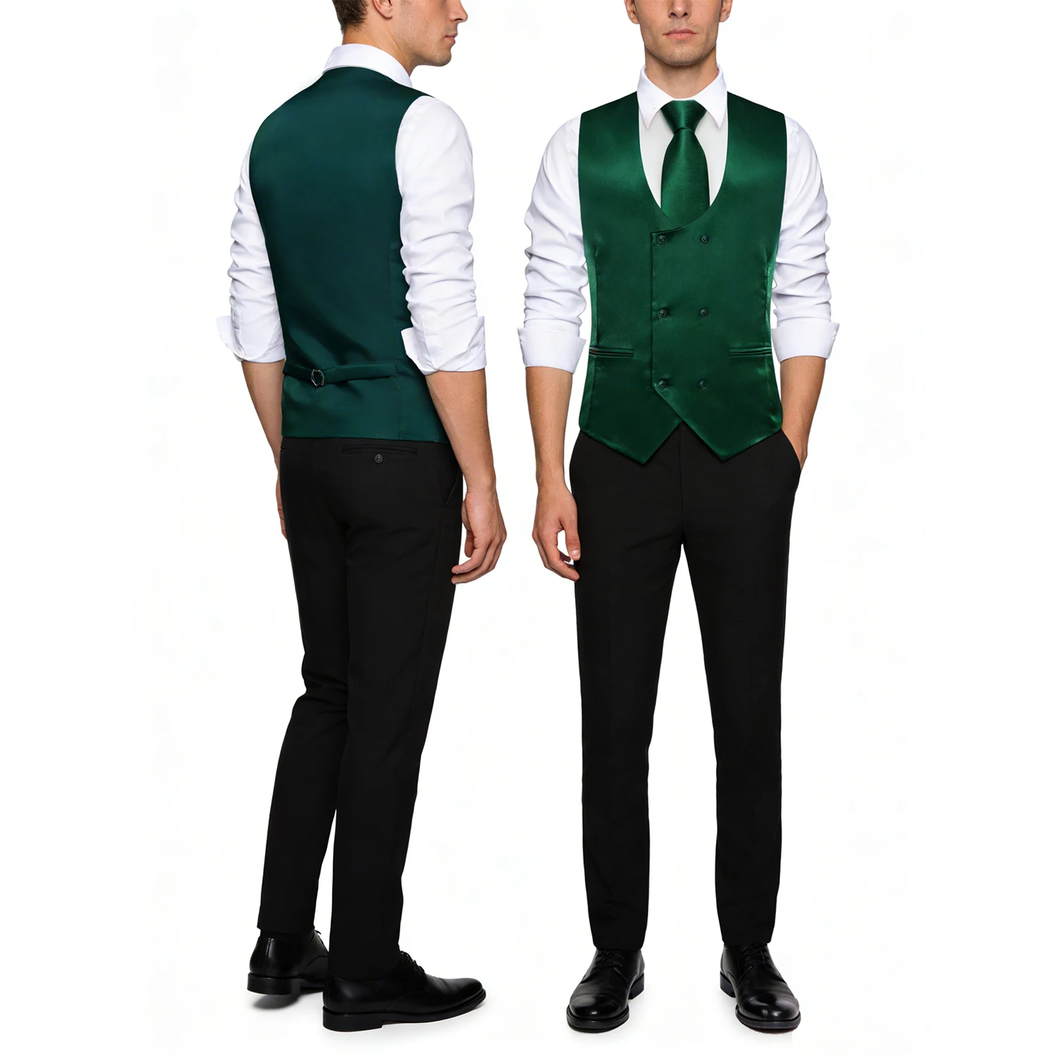 Chaleco Clásico de Satén Verde Oscuro para Hombre - Chaleco Cruzado con Corbata y Pajarita, Perfecto para Bodas, Bailes de Graduación y Eventos Formales de Negocios