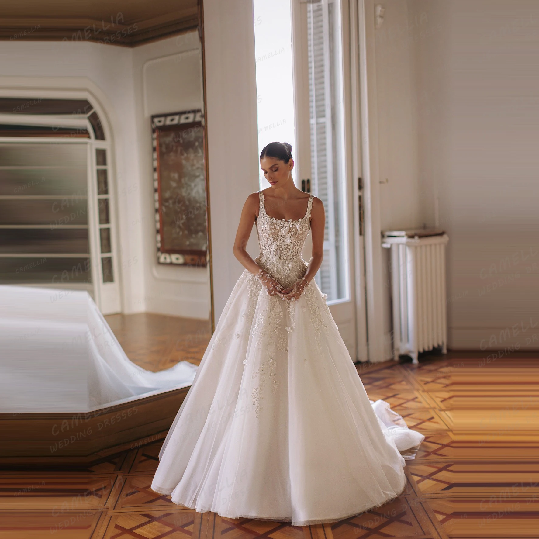 우아한 우아한 웨딩 드레스 여성 라인 긴 소매 아플리케 신부 가운 보트 넥 공식 베스 티드 드 노비아 맞춤형