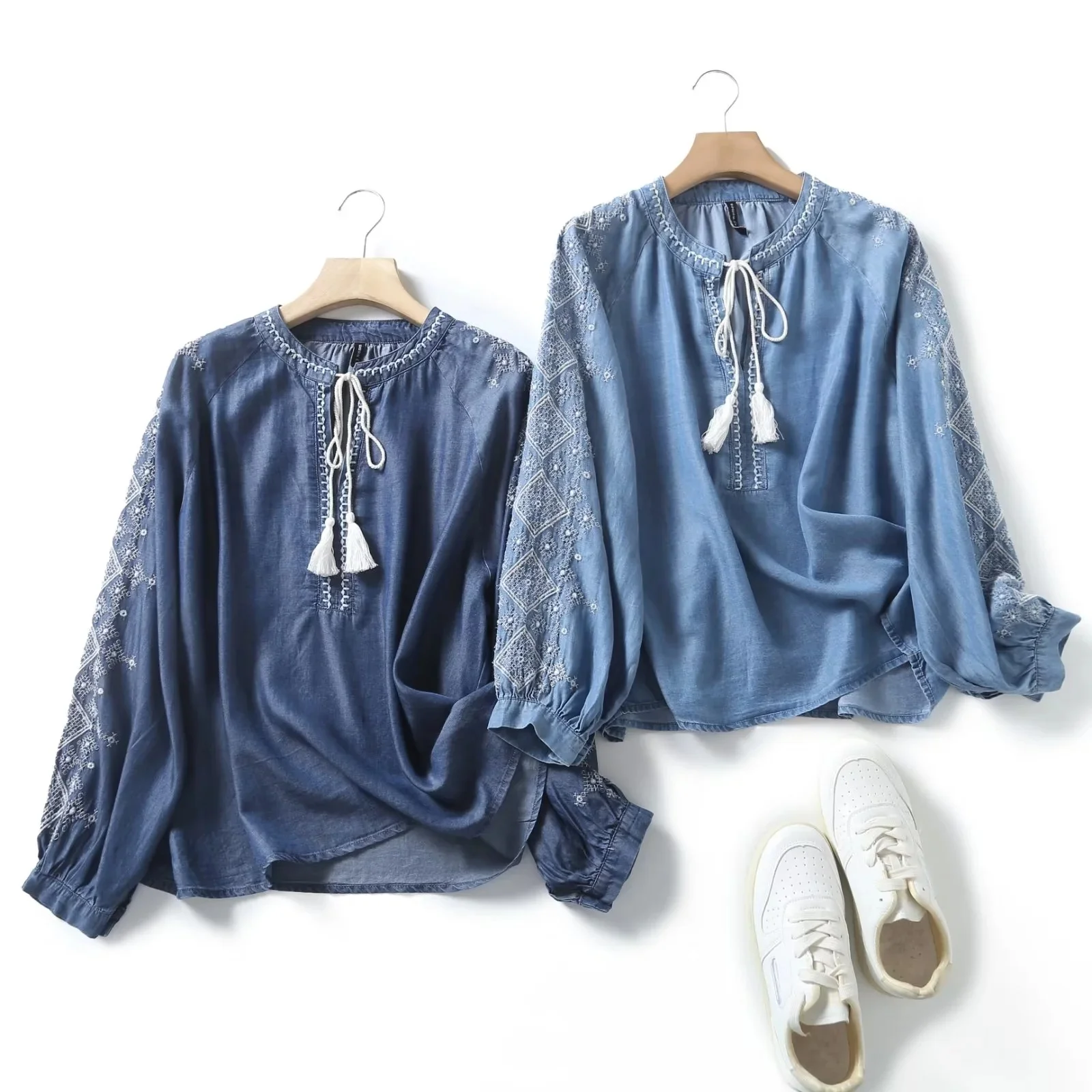 

Ethnic embroidery denim blouse women boho o neck soft blue denim tops and blouses blusas mujer fall top for women