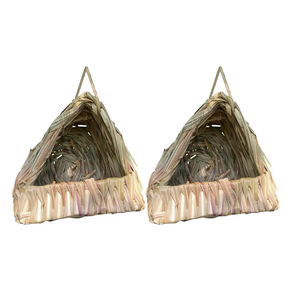 2Pcs Triangular Grass Bird Nest Hut Handmade Straw Parrot House for Cage Enclosed with Breeding Box for Small