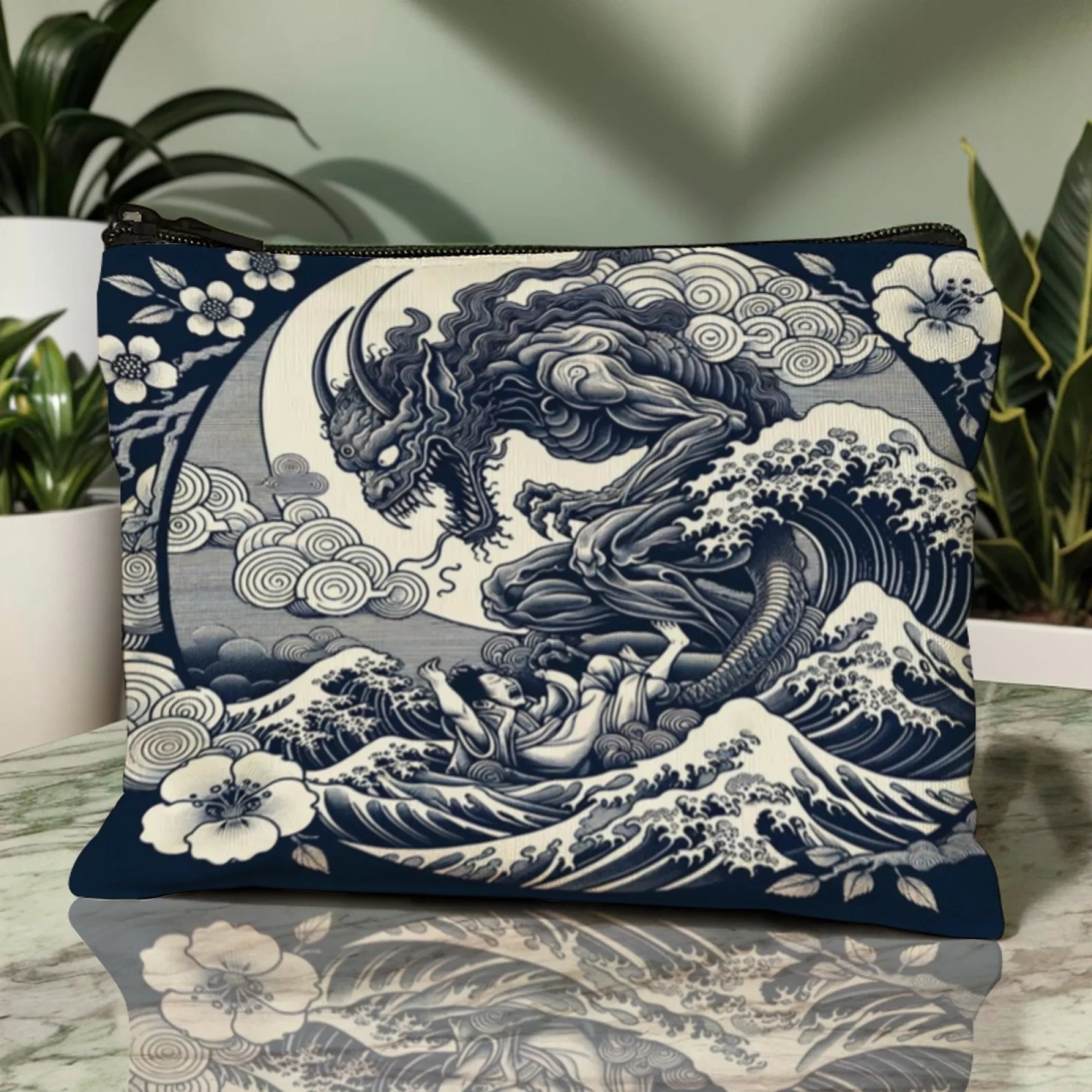Bolsa de almacenamiento con diseño creativo de Kanagawa Great Wave de estilo japonés, bolsa de cosméticos para mujer, bolsa de lavado con cremallera de lona, bolsa de cosméticos