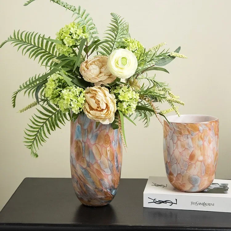 Medieval retro pink pebble handmade glass straight vase medium and small light  home living room desktop vase