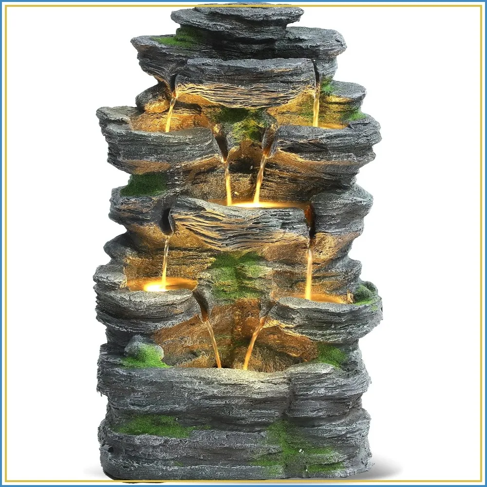7-Tier Cascading Rock Water Fountain with 6 LED Lights, Outdoor Waterfall for Yard and Deck