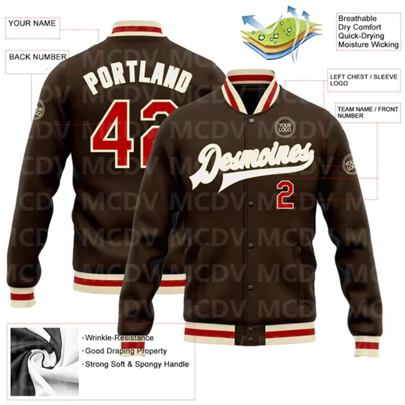 Custom Brown Red-Or Bomber Full-Snap Varsity Letterman Jacket