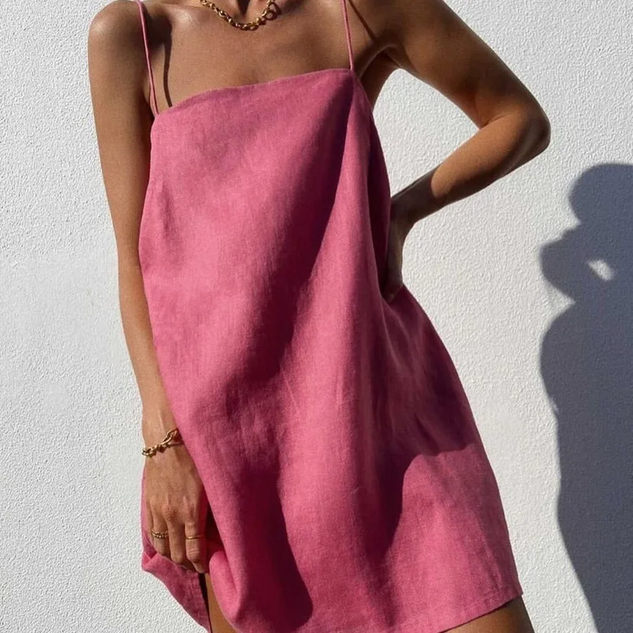 

Summer Dress Women's Boho Cotton and Line Vest Vest Vest Vest Fashion High Waistless Back Pocket Casual Summer Beach Dress