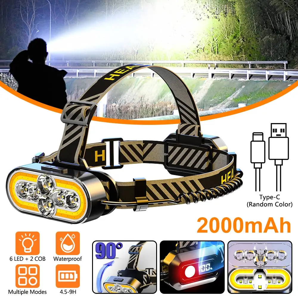 

Bright 8LED Headlamp 2000mAh Type-C rechargeable head flashlight with Digital Display Warm+White+Red camping fishing headlight