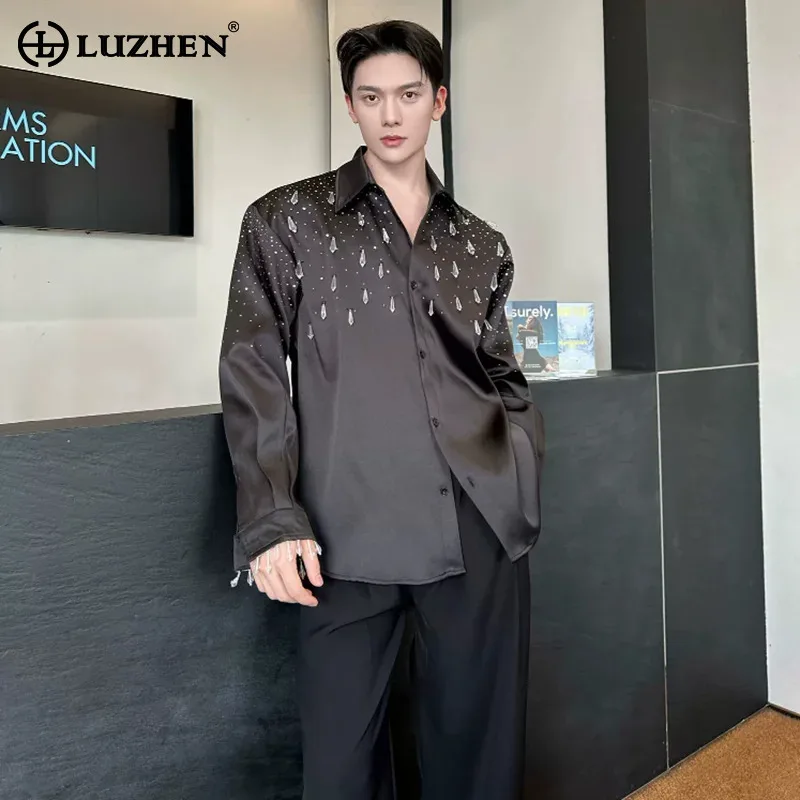 LUZHEN 2026 New High Quality Satin Long Sleeve Shirts Men's Fashion Handsome Diamond Decorate Original Elegant Male Tops JY9409