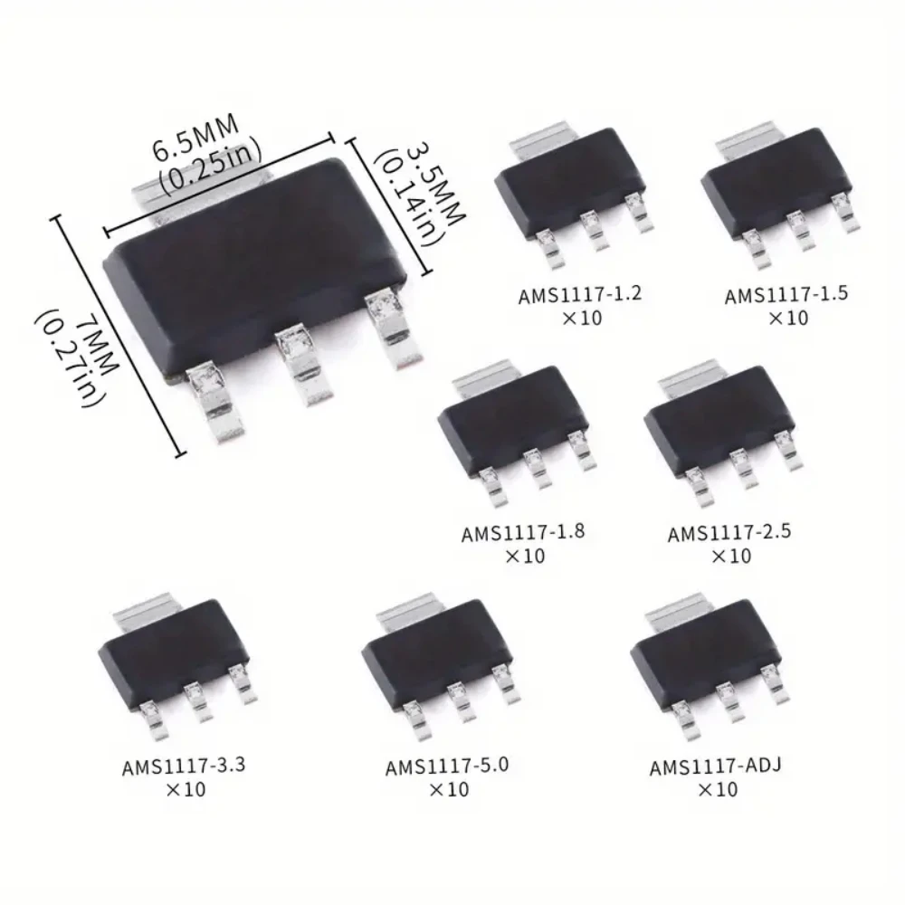 70pcs AMS1117 SOT-223 Kit Including 7 Values 1.2V 1.5V 1.8V 2.5V 3.3V 5V Low Dropout Voltage Regulator SMD Transistor Each 10pcs