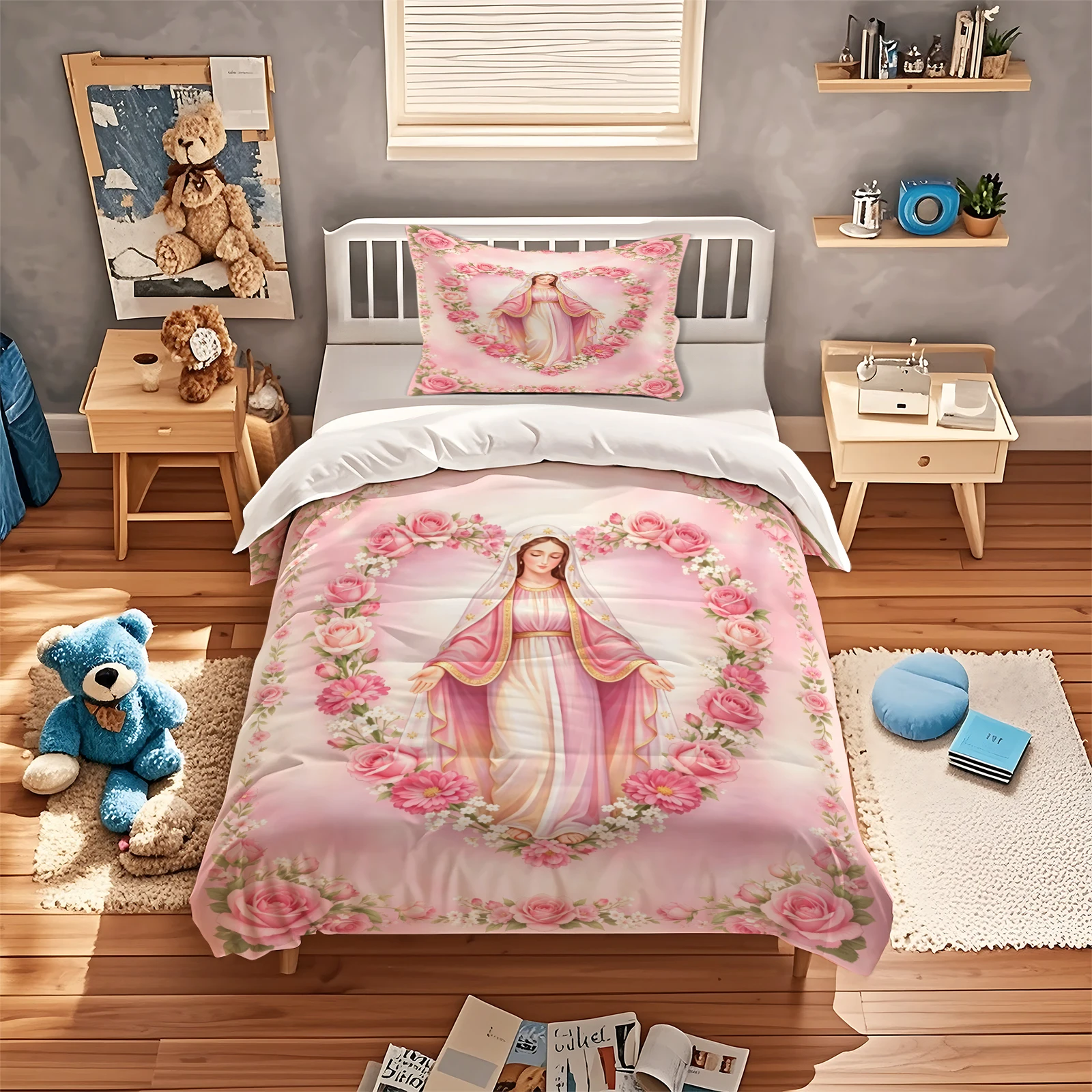 Religious Virgin Mary Duvet Cover Set Pink Rose Flower Heart Pattern Bedding Set Soft Polyester Quilt Cover With Pillowcase