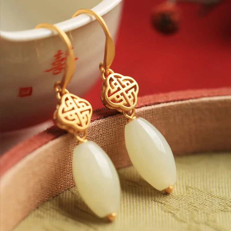 

Classic design natural Hetian jade earrings for women oval beads Eardrop charm Ancient gold craft ethnic style jewelry