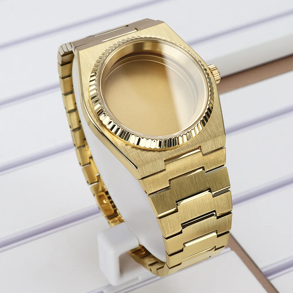 

NH35 40mm Fluted Bezel Watch Case Gold Bracelet Parts Sapphire Crystal For PRX Super Player NH35 NH36 Mechanical Case Assemble