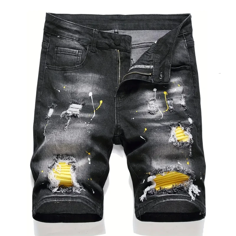 Summer New Men\'s Fashion Stretch Denim Shorts Retro High Street Style Old Slim Fit Short Jeans Splicing Design 98% Cotton Brand