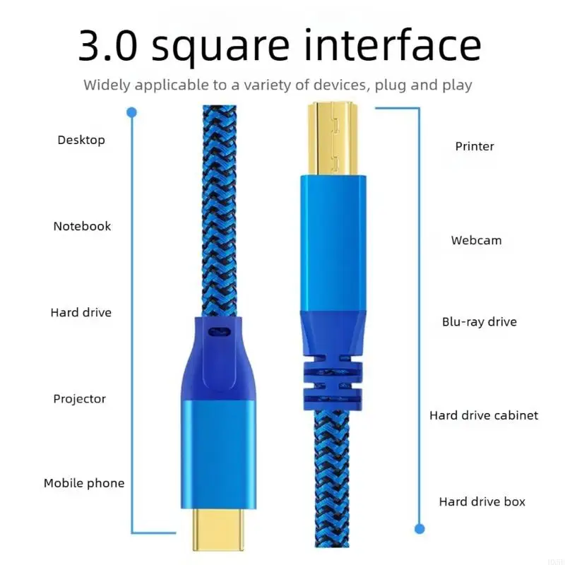 Blue-and-Black USB C to USB Type-B Cable, USB B Cable Data Connection with Aluminum-Alloy Housings and a Nylon-Braided Coating
