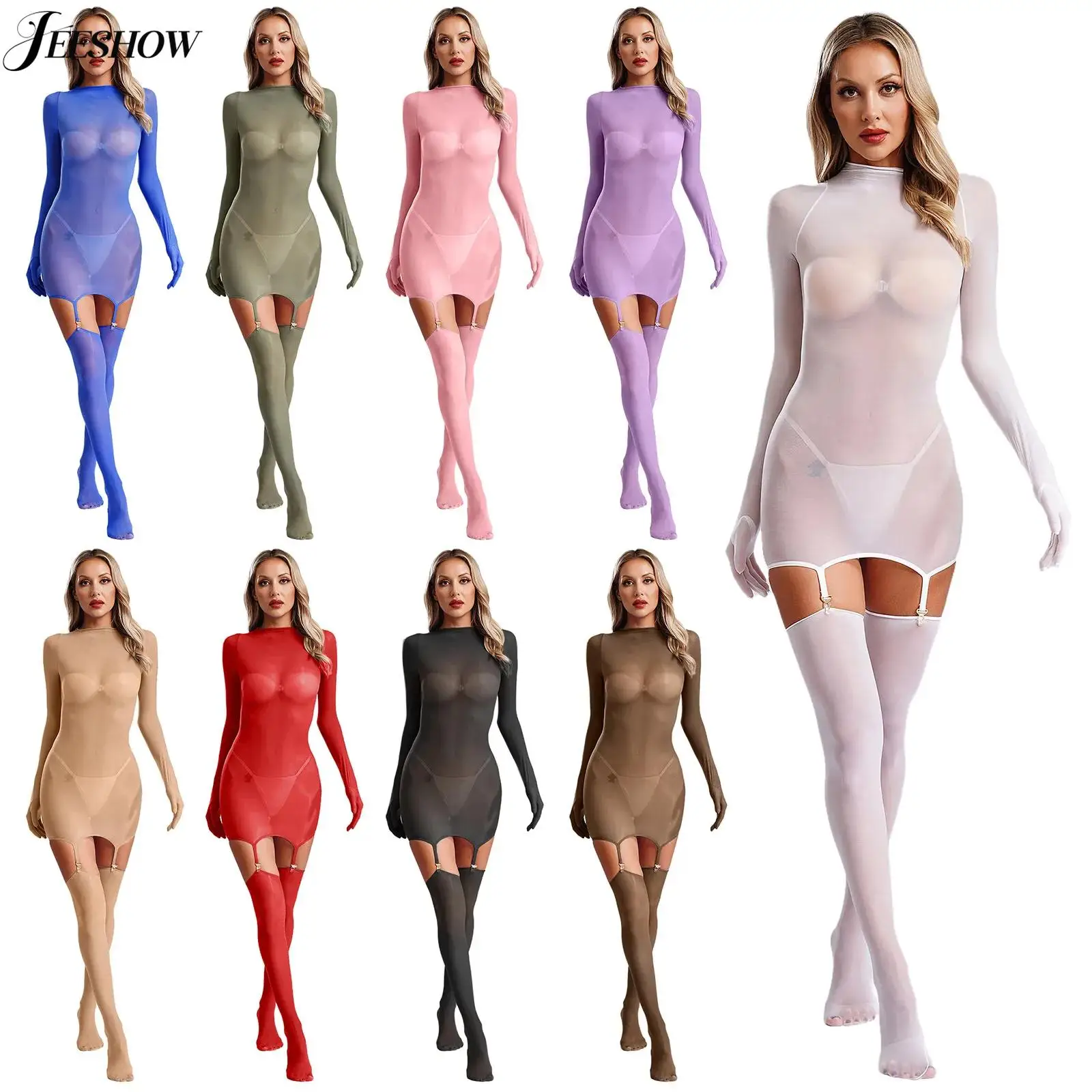 

Womens See Through Long Sleeve Hollow Out Bodystockings Sheer Mesh Mini Dress with Suspender Stockings Night Club Wear Sleepwear