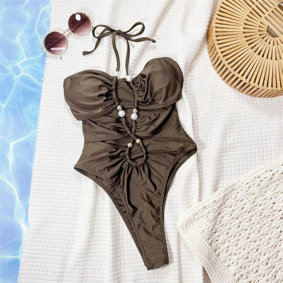 Neuer Cut-Out-Neckholder-Badeanzug mit Perlen für Damen, einteiliger Badeanzug, femininer, geraffter Monokini mit hohem Beinausschnitt, Badebekleidung, Badeanzug, Modell V7726 – Detail 4
