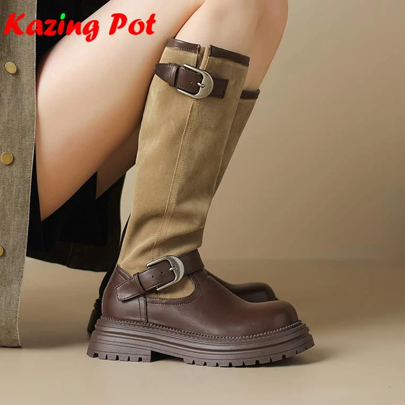 Microfiber Round Toe Modern Equestrian Boots Dating Winter Shoes Thick High Heels Mixed Color Belt Buckle Women Knee-high Boots