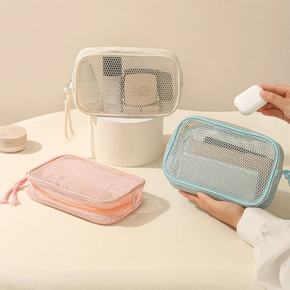 Large Capacity Mesh Cosmetic Bag Transparent Breathable Mesh Travel Makeup Organizer Multipurpose Hand-Held Wash Bags Women