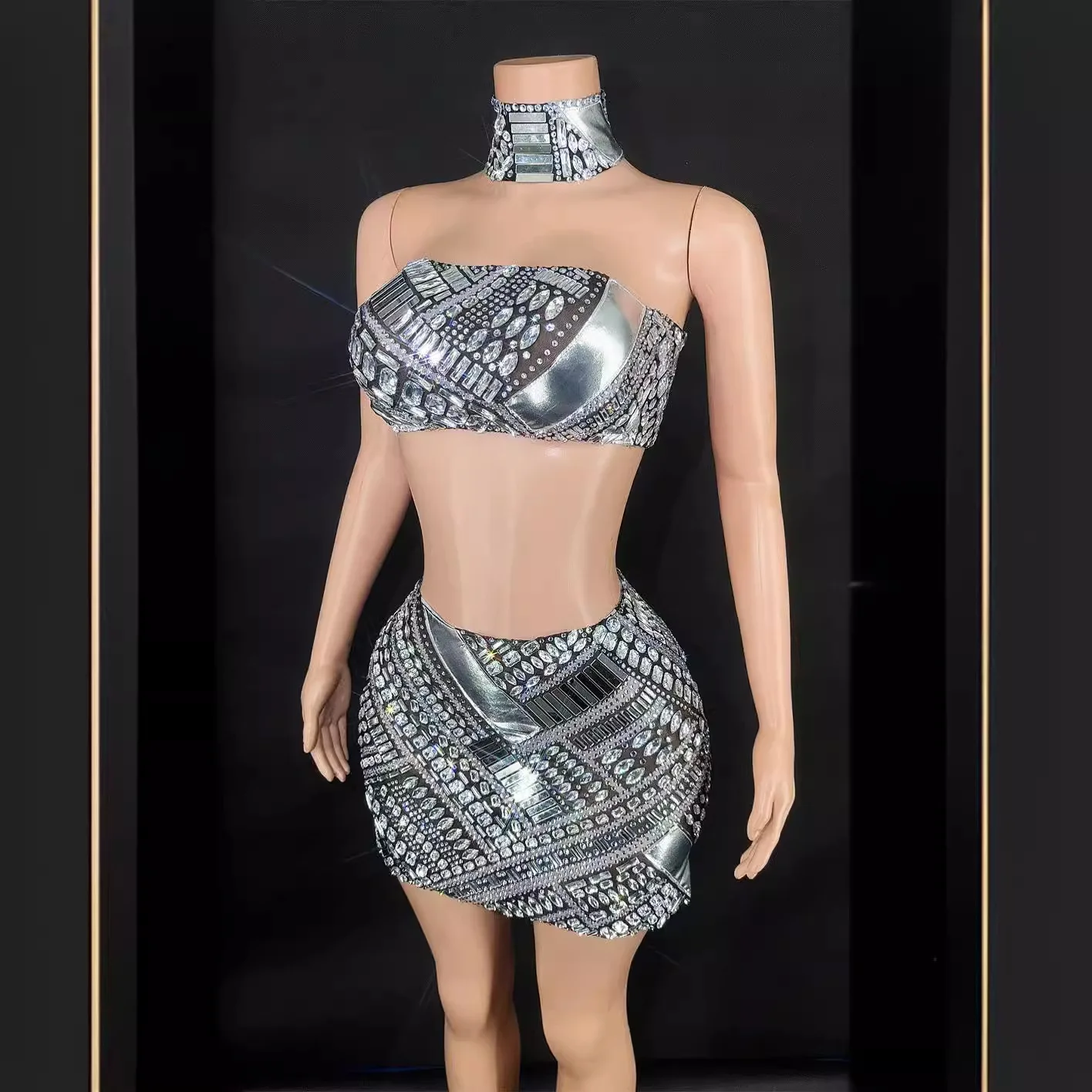 Sexy Strapless Sleeveless Slimming Diamond Studded Top With High Waisted Tight Fitting Buttocks Singer stage performance Dress