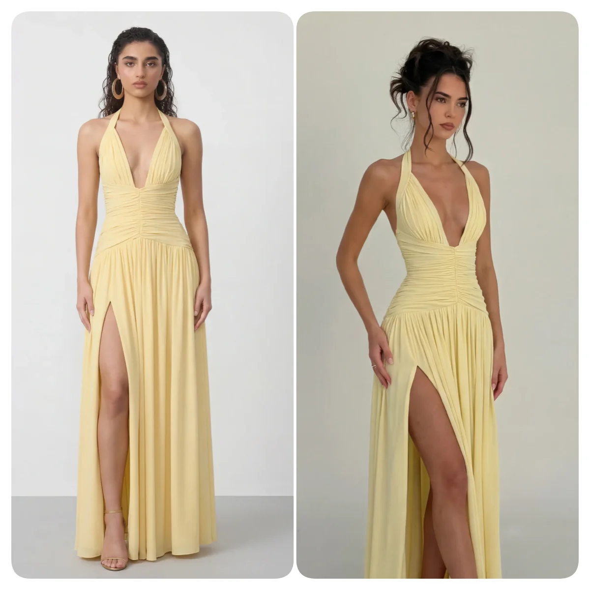 

Modern Halter Deep V Neck Chiffon Evening Dress Lemon Off-shoulder Ruched Pleated Side Split Formal Cocktail Prom Party Vestidos