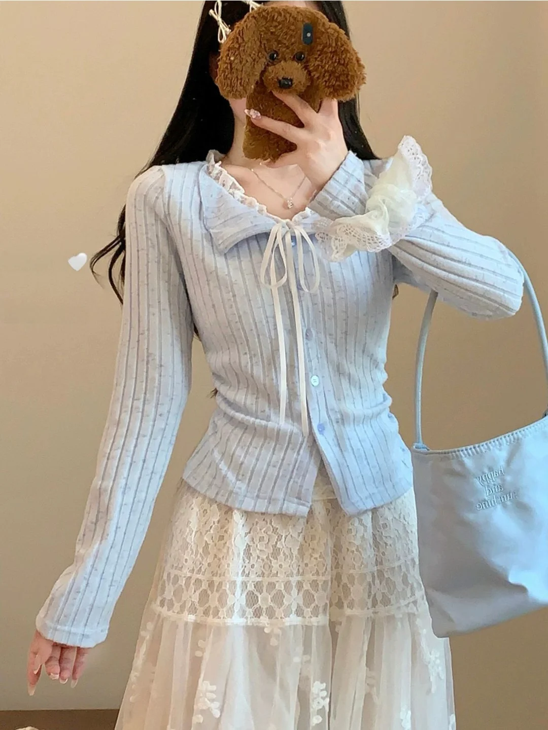 

Blue Lace Trim Long Sleeve Slim Fit Base Shirt Women's Autumn Winter T-Shirt Casual Style Color Striped under Shirt
