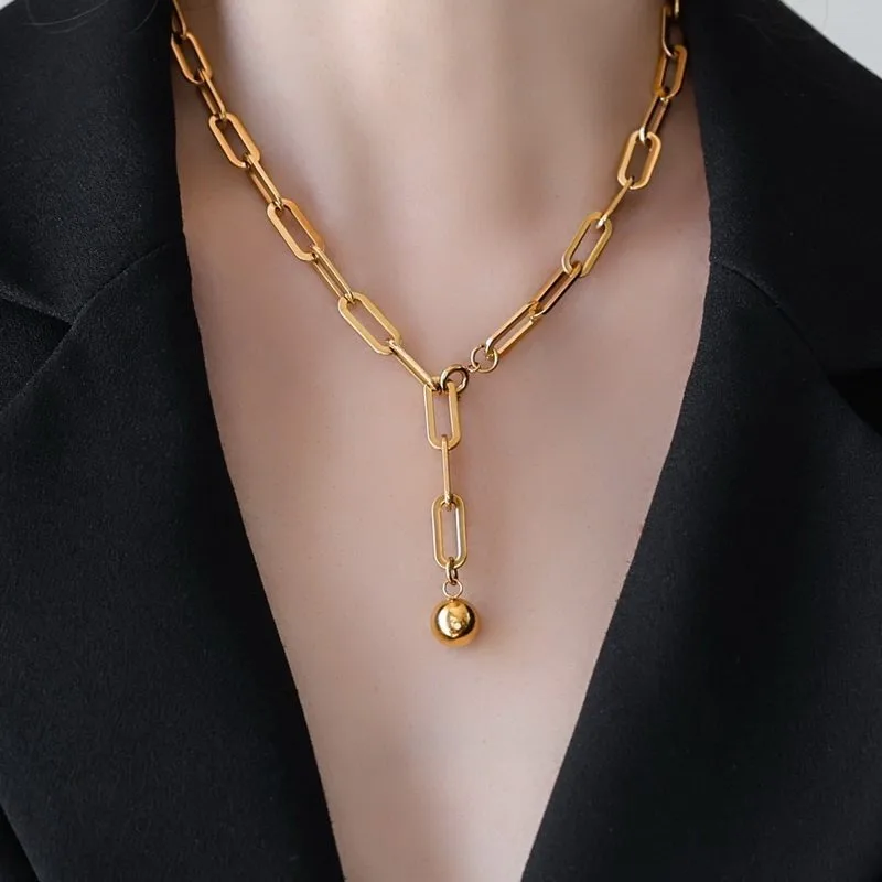 18K Gold Plated Chunky Chain Long Necklace With Tiny Ball Non Fading Ladies Sweater Pendant Jewelry Gift