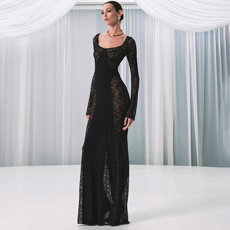 

Typhaland Fashion Hollow Lace Maxi Dress Sexy Hot Girl Slim Long Sleeve Dress Banquet Elegant High Waist Female Dress 2026 New