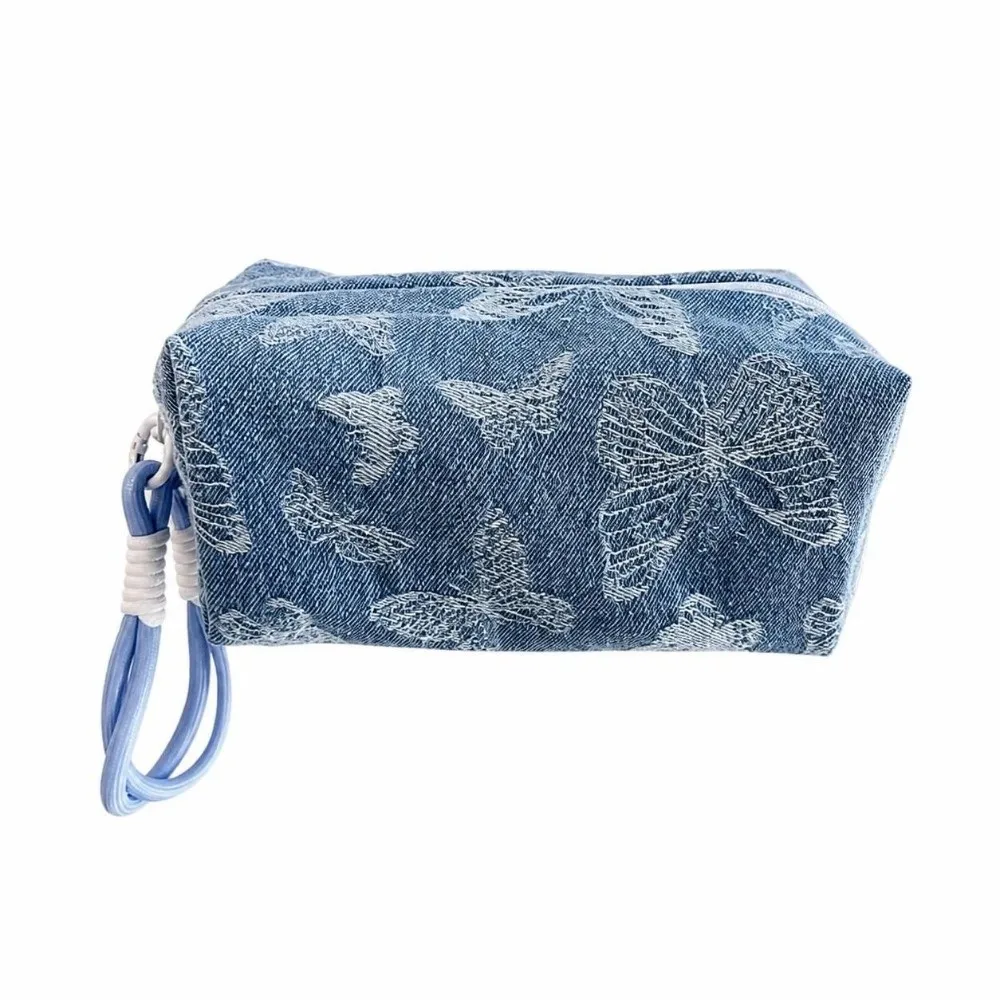 Large Capacity Butterfly Print Cosmetic Pouch Heart Puffy Storage Pouch Organizer Pillow Shape Washable Denim Makeup Bag