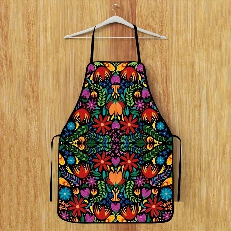 1pc Mexican Folk Art Print Sleeveless Apron - Vibrant Floral Design, Durable Polyester Kitchen Baking Cooking Apron