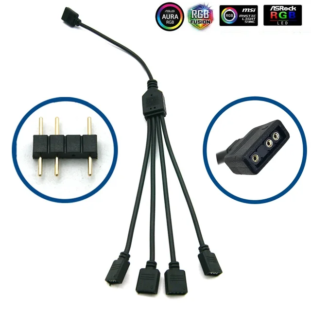 5-24v 3 pinos rgb conector 1 a 1 2 3 4 5 3pin fio divisor cabo de extensão para ventilador do computador placa-mãe aura rgb led fita luz