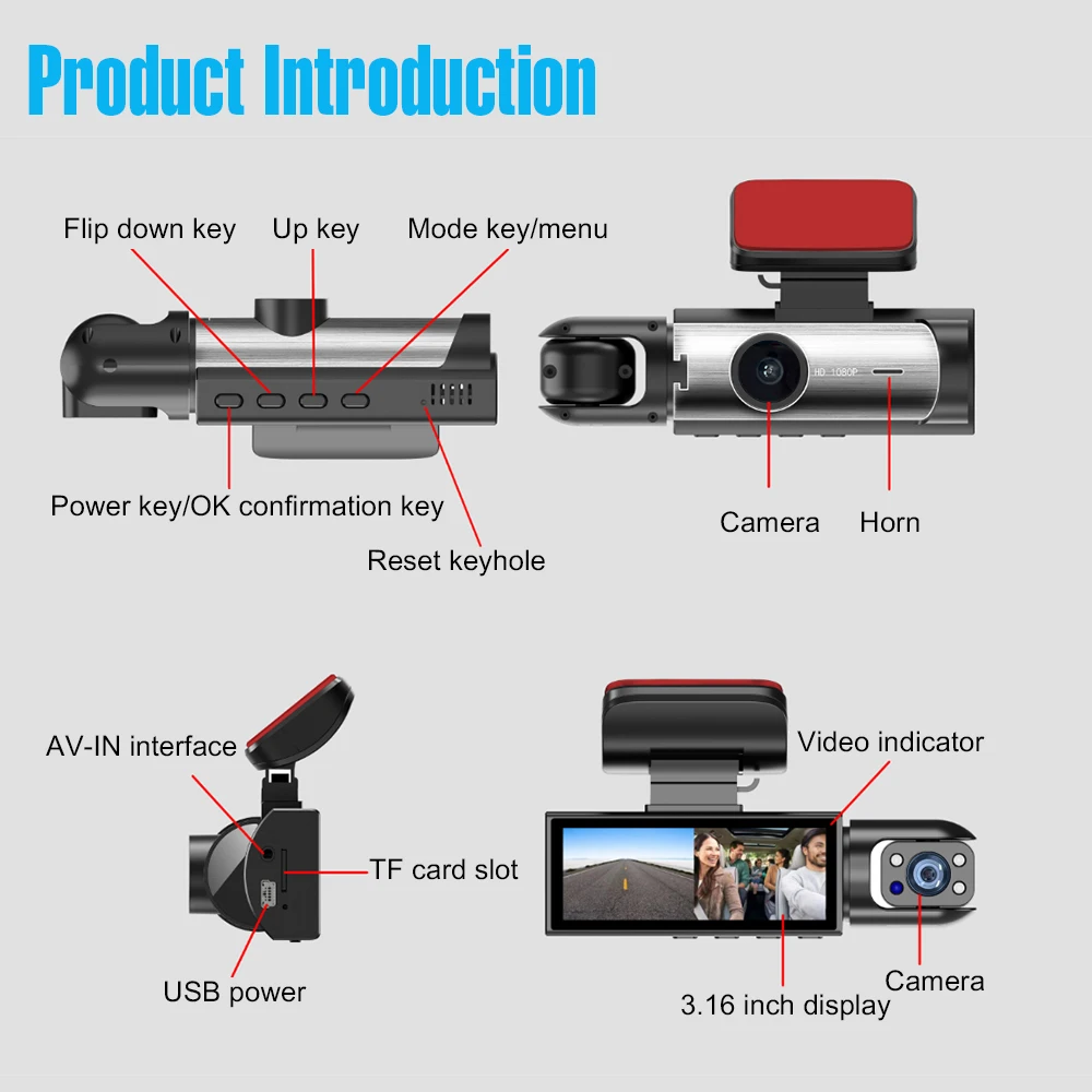 1080P Dashcam für Auto mit 2/3 Linsenoptionen, Vorder- und Rückfahrkamera sowie Innenraumüberwachung und Fahrrekorder – Detail 16