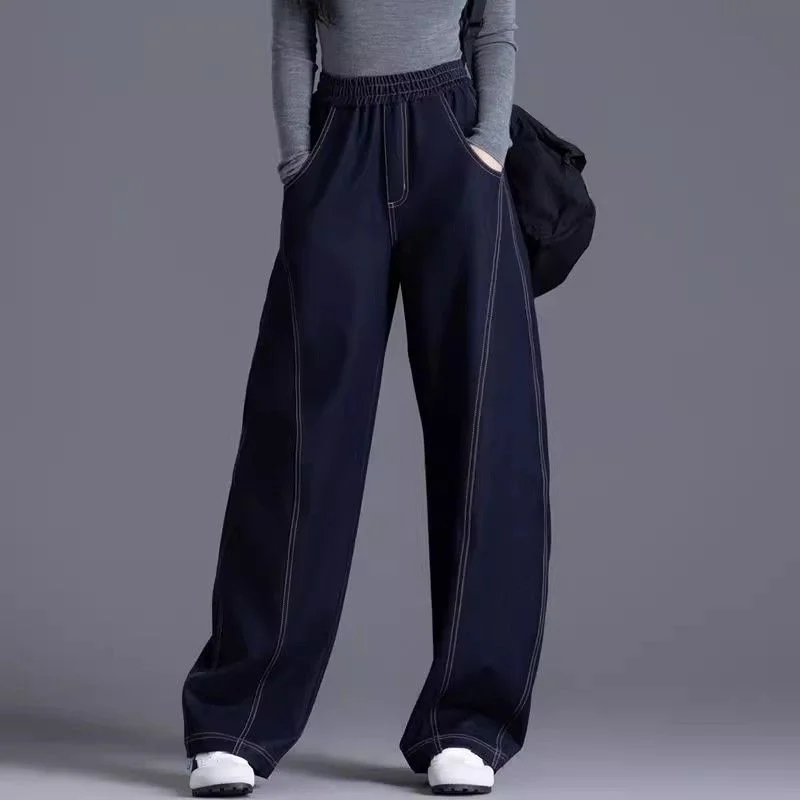 

Elastic Waist Denim Blue Denim Wide-leg Pants New Spring and Autumn Loose High-waisted Scimitar Pants