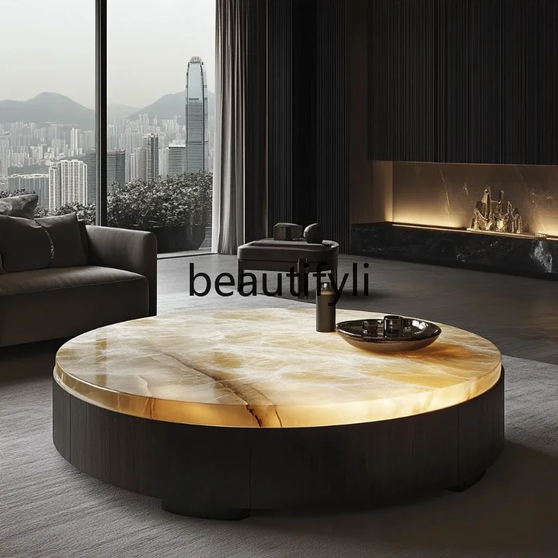 Round luminous jade coffee table light luxury modern high-end living room natural marble luxury stone minimalist, home  R