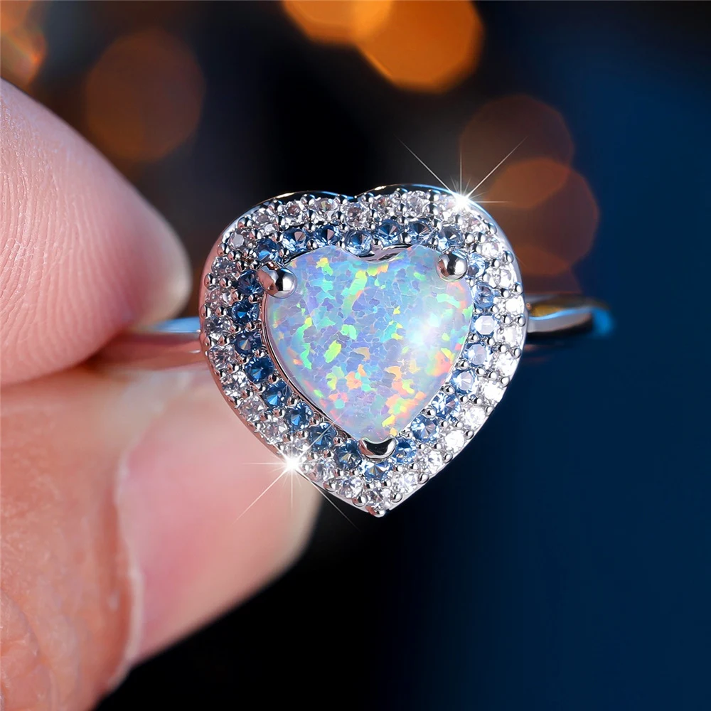 Trendy White Opal Crystal Love Heart Stone Vintage Silver Color Wedding Bands Engagement Rings For Wome Jewelry