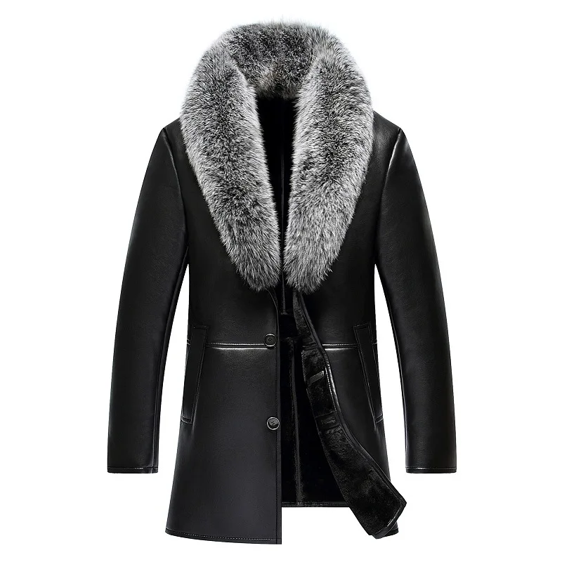 

2026 Fall Winter Men's Mid-Length Sheepskin Coat - Fox Fur Collar, Fur-Lined, Thickened Genuine Leather Jacket Cozy Durable