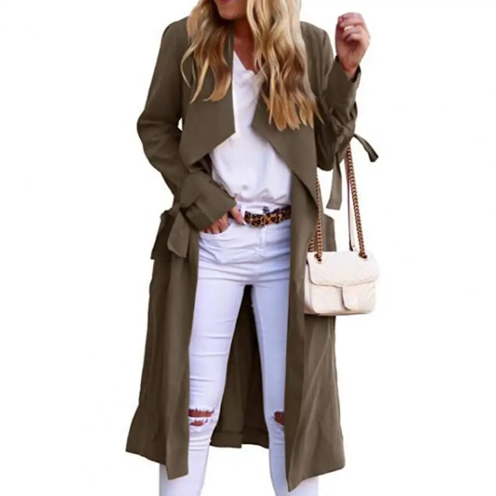 Lungo Trench donna tinta unita maniche lunghe soprabito con cintura prevenire tasche a vento Cardigan giacca autunnale Casual