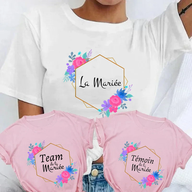 French Women Bridesmaid Team Bride T-shirt Bridal Shower Wedding Tshirt Bachelorette Evjf Party Tops Flower Crown Graphic Tees