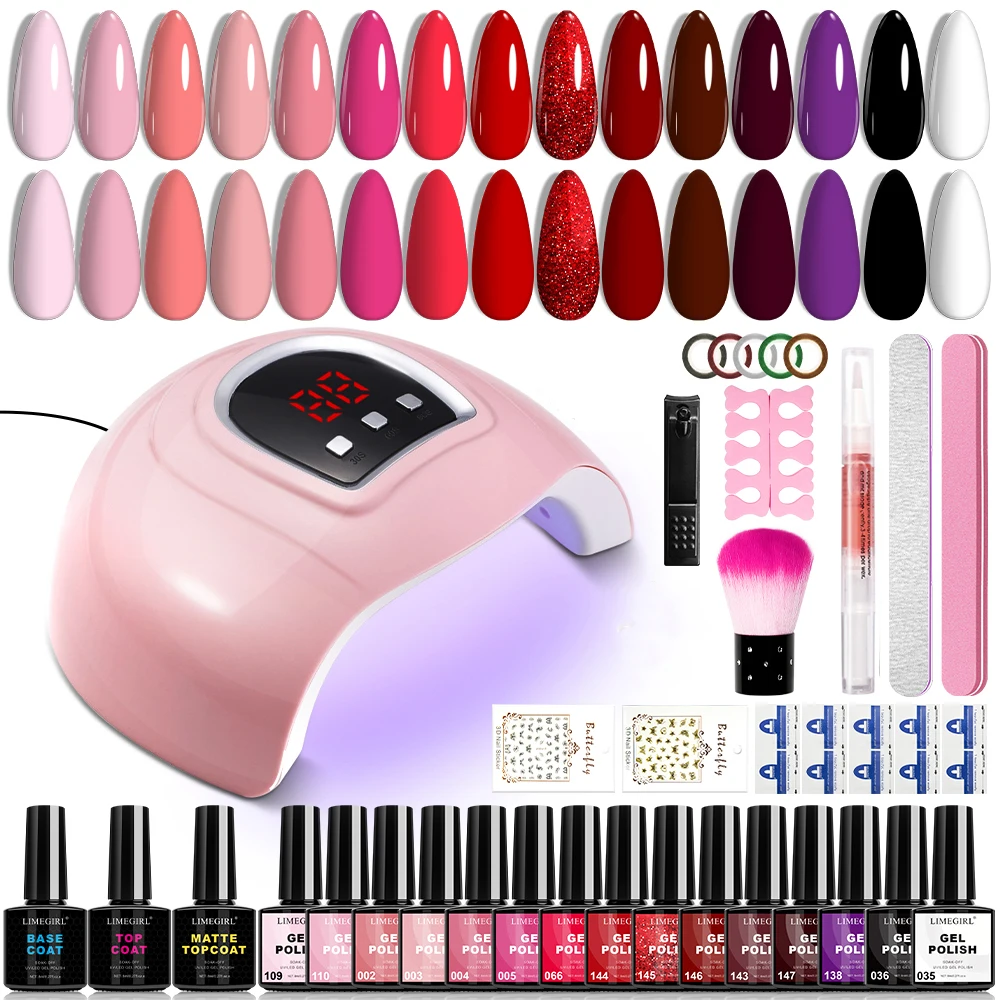 

15 PCS Gel Nail Polish Set for Beginners 8ML Glitter Gel with Base Coat Top Coat and Drying Lamp for Manicure Salon/Home Tools